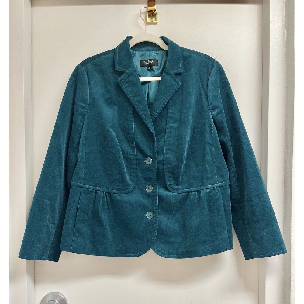 Talbots Velvet Teal Corduroy Blazer Jacket Cotton Lycra Blend Size 14W